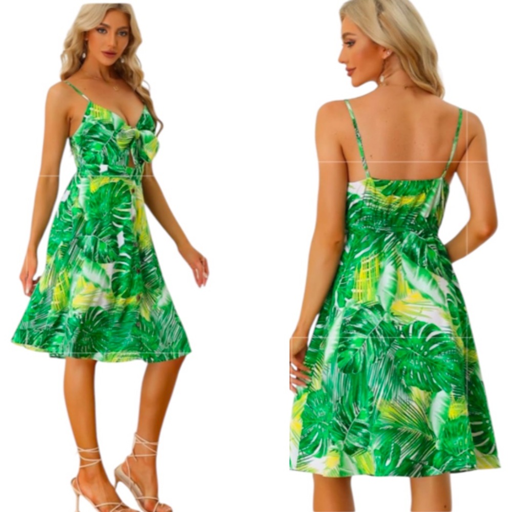 Allegra K Front Tie Knot Summer Dress for Women's Floral Tropical Print in Green